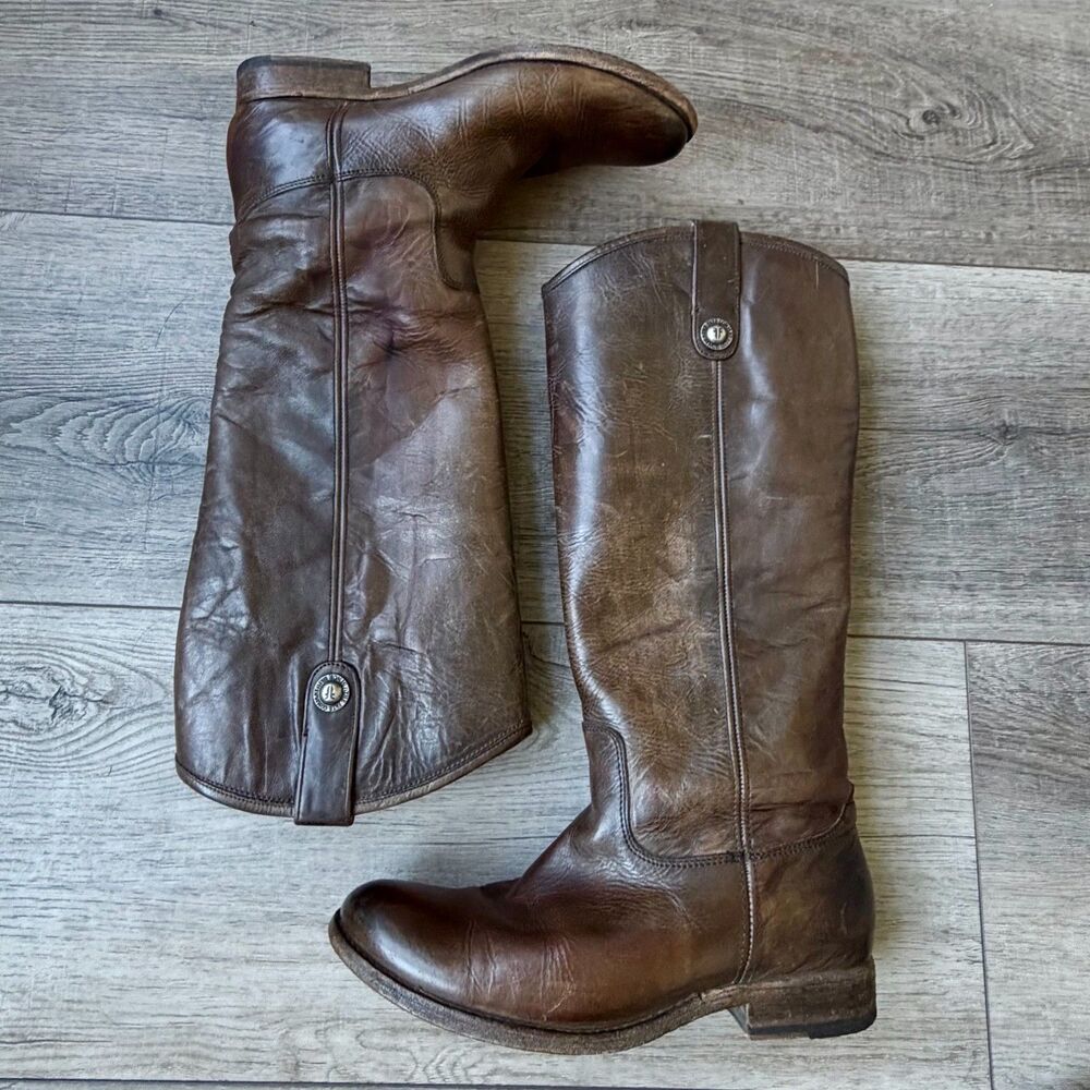 The Frye Melissa Button Boot Extended Calf Size 7 1/2 Brown Distressed Pull On